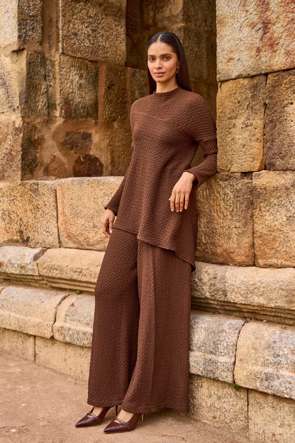 Brown Textured Knit Wide-Leg Trousers — Dash and Dot