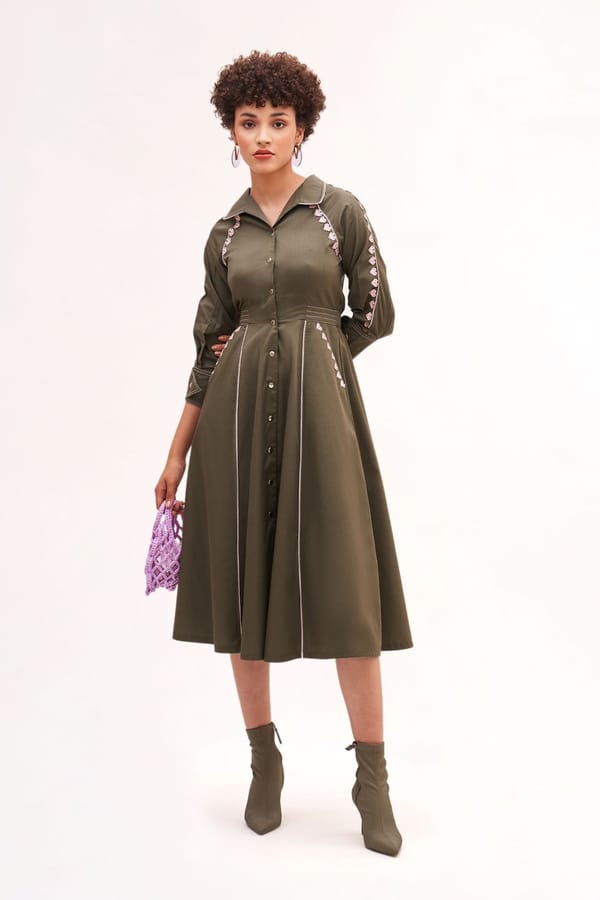 Army Green Cotton Fit and Flare Midi Shirt Dress — Our Love