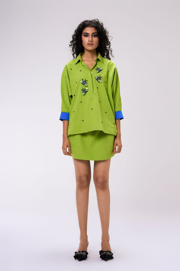 Green Shirt and Mini Skirt Co-ord Set with Bee Embellishment — KOR