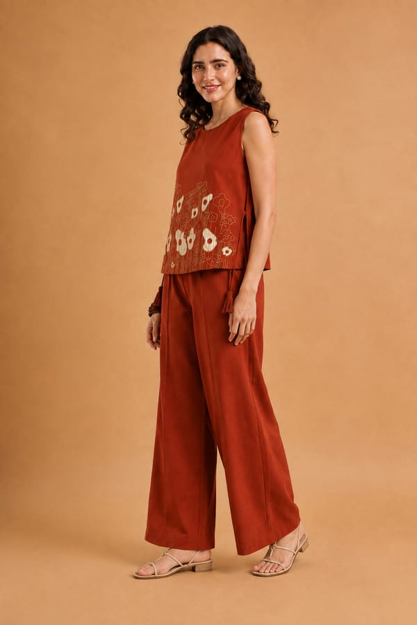 Brick Red Cotton-Linen Co-ord Set with Wide-Leg Pants — ANISETTE