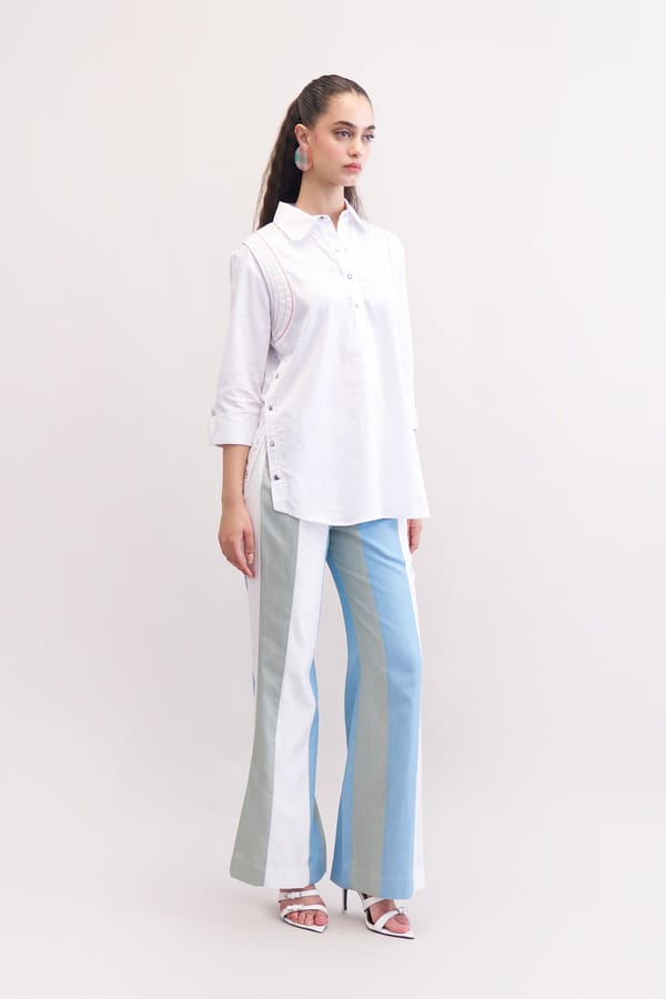 White Shirt and Colorblock Pants Denim Co-ord Set — Our Love