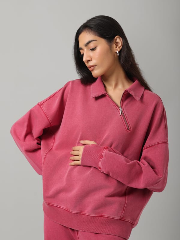 Red Cotton Terry Collared Sweatshirt with Diagonal Zip — Necesera