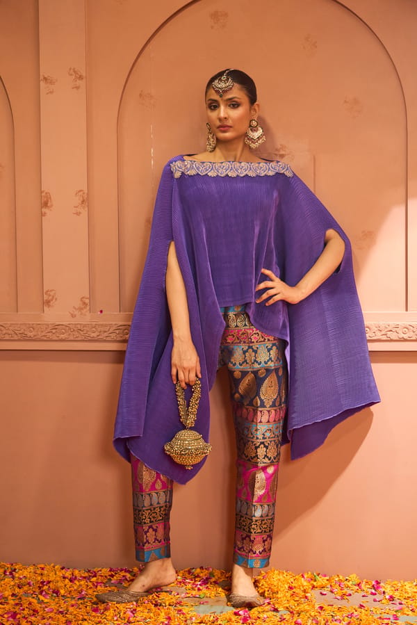 Hibiscus Pleated Cape and Brocade Pant Co-ord Set — TASUVURE