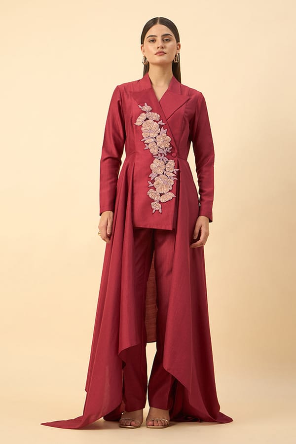 Floral Embroidered Handkerchief Pant Set (Blazer — Aakaar