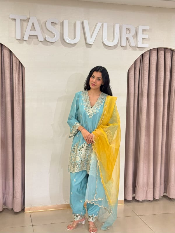 Blue Embroidered V-Neck Kurta Set with Yellow Dupatta — TASUVURE