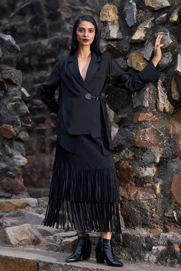 Black Pleated Midi Skirt with Cascading Fringe Hem — Dash and Dot