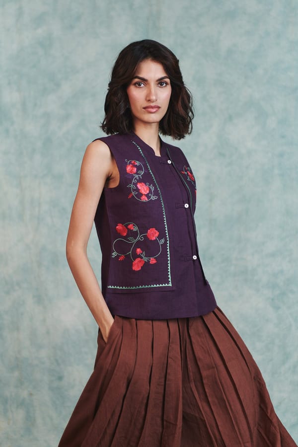 Plum Linen Embroidered Double Panel Waistcoat — Saphed