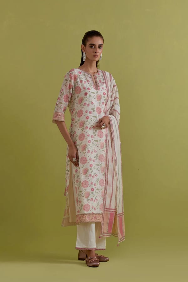 Off White Hand Block Printed Straight Kurta Set — Upavita