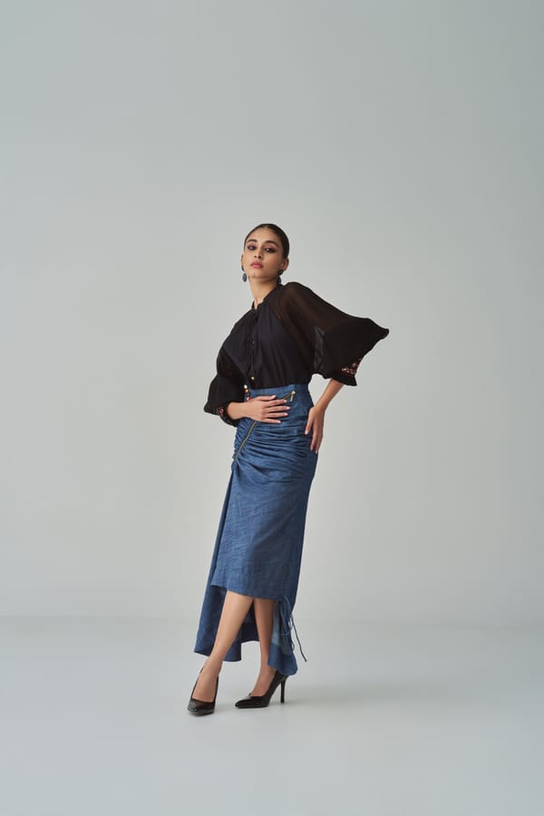 Blue Denim Asymmetrical Draped Maxi Skirt — Saaksha and Kinni