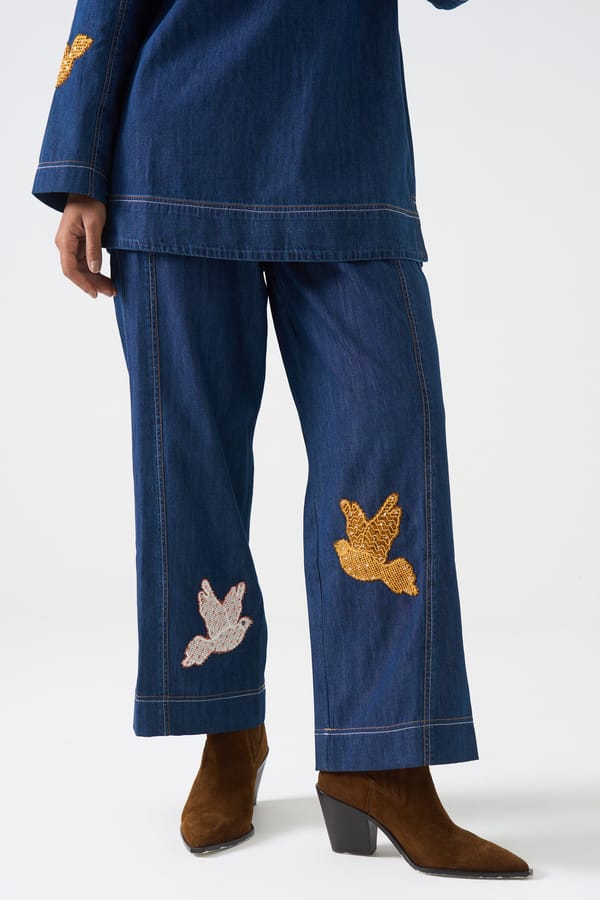 Blue Denim Wide-Leg Trousers with Bird Embroidery — STITCH STORIES