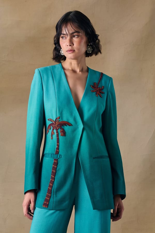 Teal Green Ombre Tailored Blazer with Beadwork Detail — Pocketful Of Cherrie