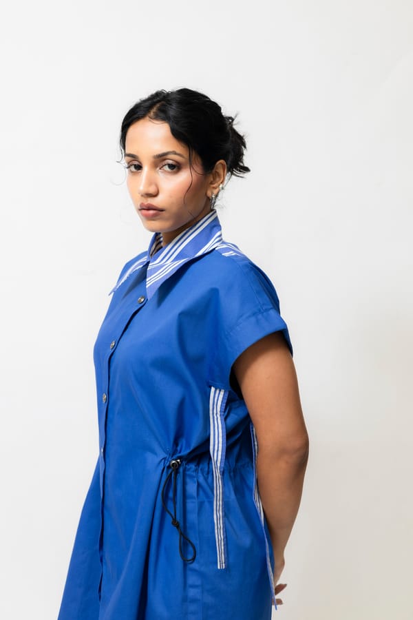 Blue Cotton Mini Shirt Dress with Adjustable Cinch Waist — Shop Staple