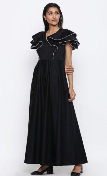 Black V-Neck Ruffle Sleeve Maxi Flare Jumpsuit — Escape By Aishwarya