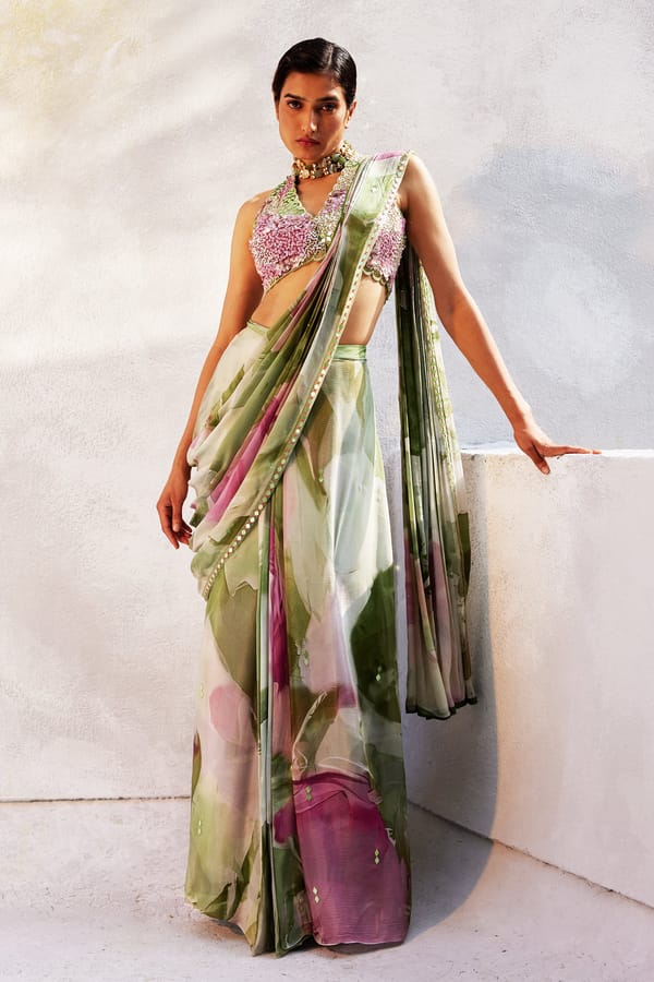 Mint Printed Pre-Draped Chiffon Saree with Blouse — Basil Leaf