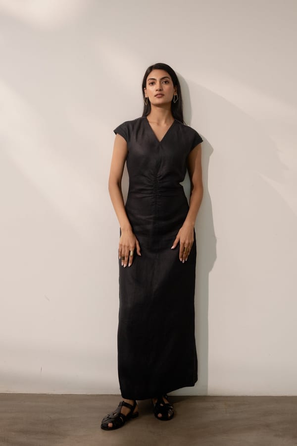 Ebony Black Slim Fit V-Neck Maxi Dress with Waist Gathers — ALTER NATIVE