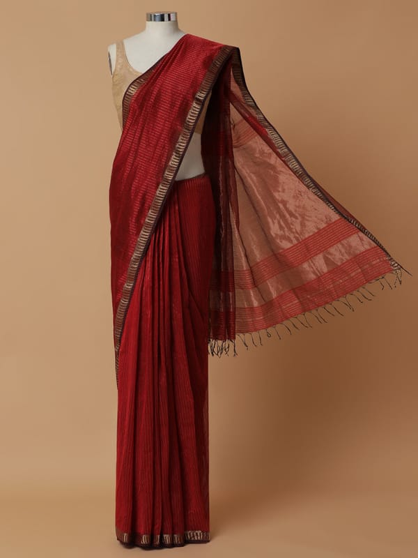 Maheshwari Cotton Silk Cherry Red Golden Zari — BINKS