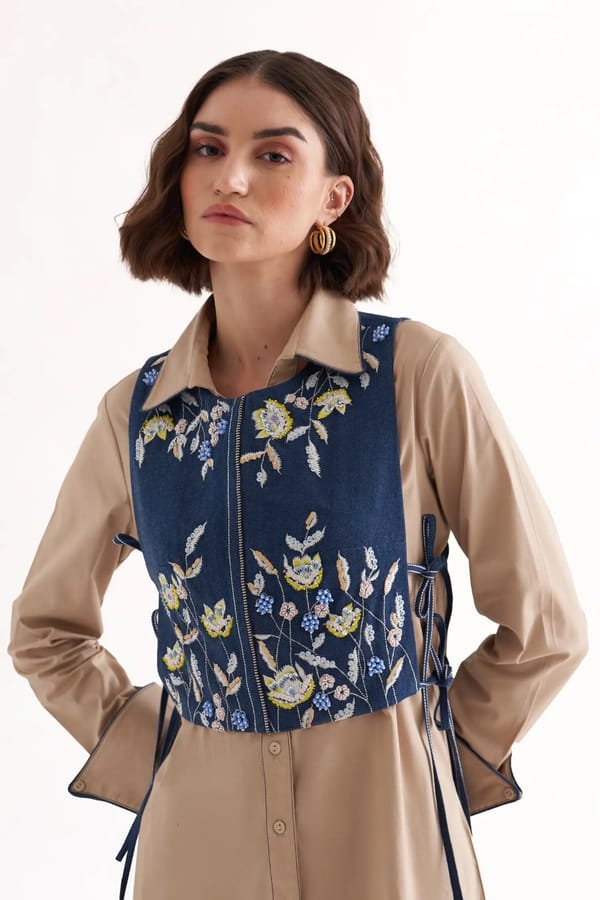 Denim Cropped Embroidered Zip-Front Jacket with Tie-Ups — Our Love