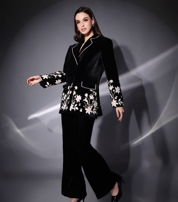 Black Velvet Blazer and Flared Pants Co-ord Set — RUCHIKA  MALLIKA LABEL