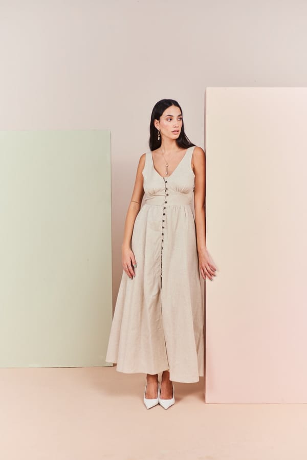 Light Beige Button-Front Backless Maxi Dress — Sage by Mala