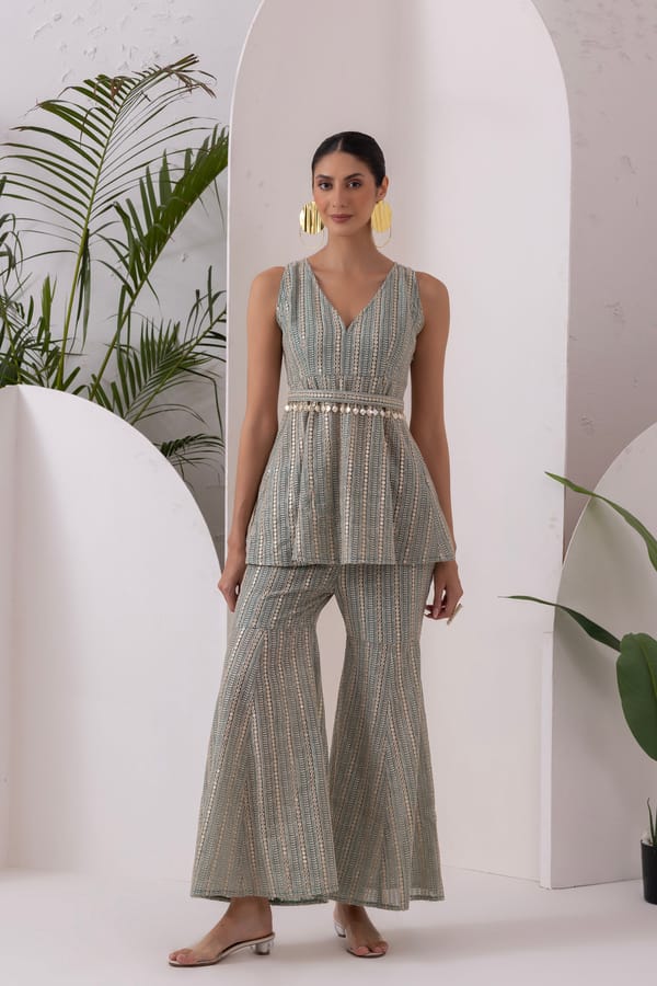 Pastel Green Sequence Emb Fusion Set With Belt — Sew and You