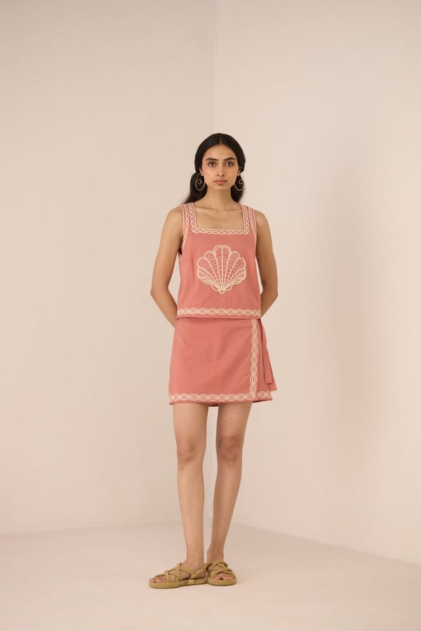 Coral Pink Cotton Linen Mini Wrap Skirt with Embroidered Border — Calling June