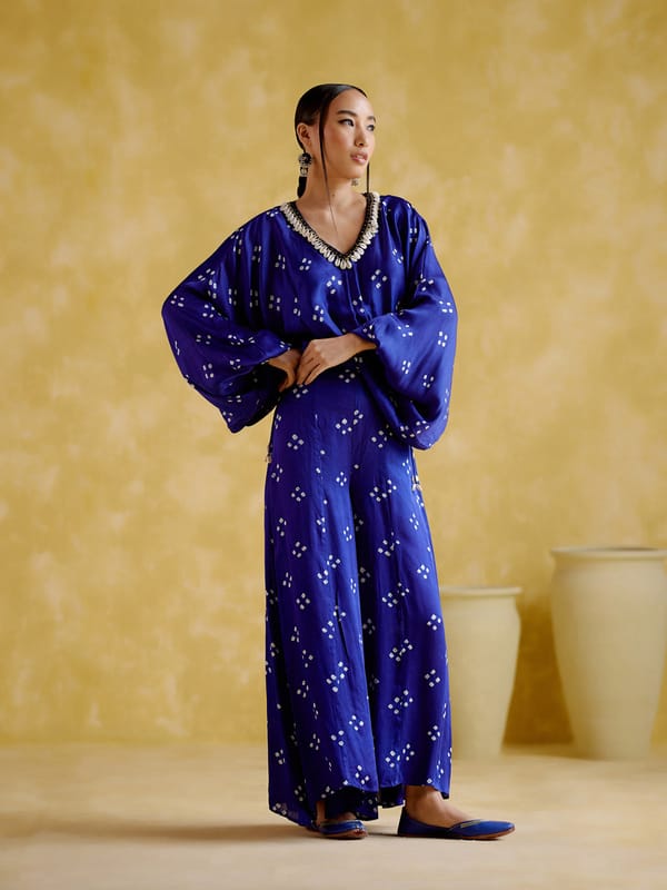 Blue Bandhani Kaftan and Sharara Co-ord Set — 5 Elements