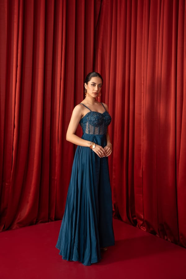 Sapphire Blue Embellished Corset and Pants Co-ord Set — QUNIC