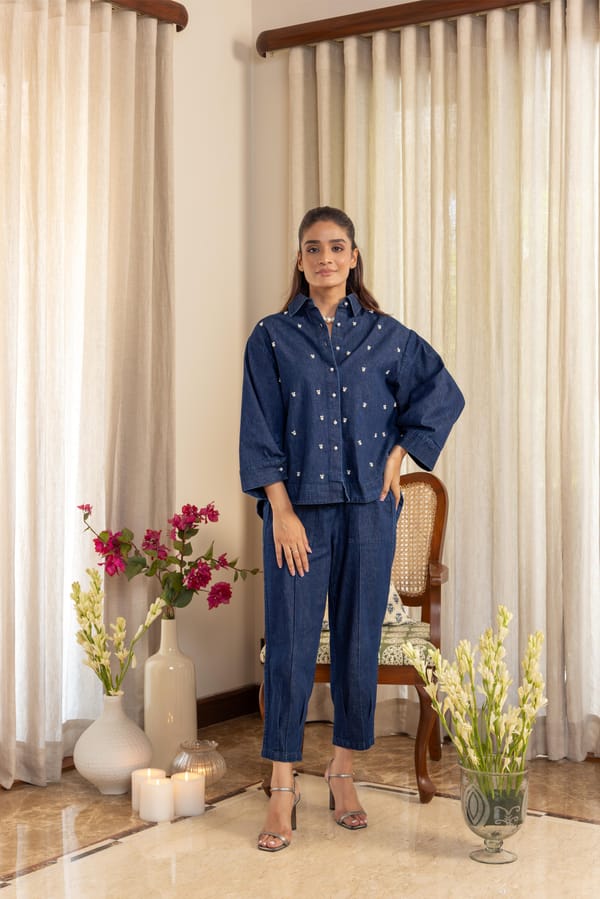 Dark Wash Denim Shirt and Tapered Pants Co-ord Set — Eko Clothing