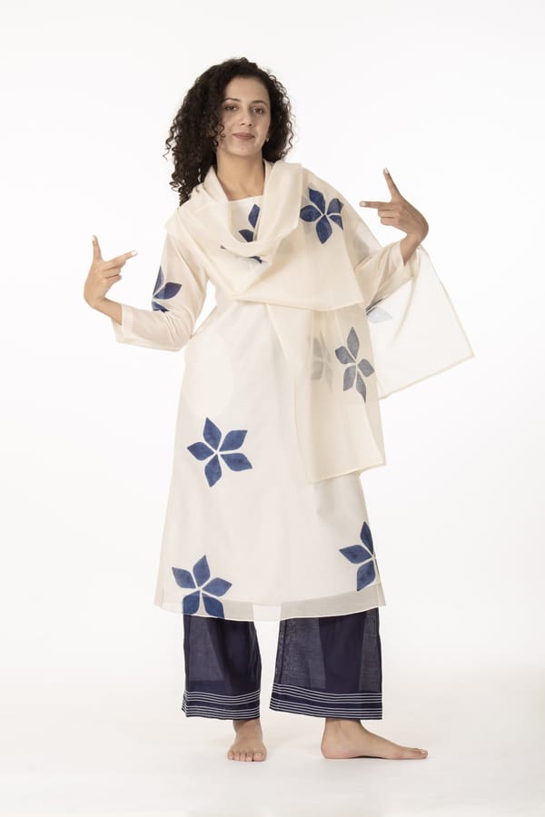 Ivory and Blue Floral Chanderi Kurta Co-ord Set — Khat