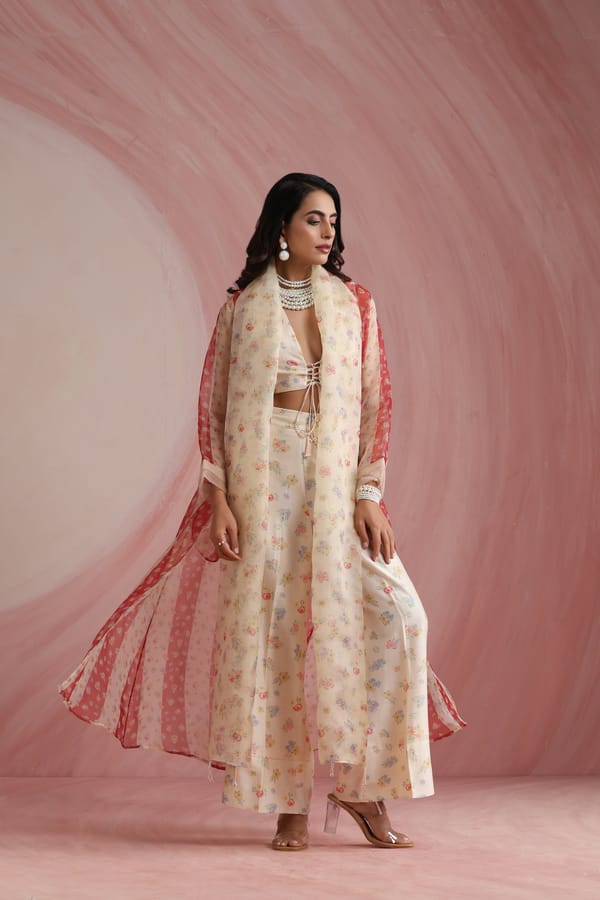 Ivory Floral Blouse and Wide-Leg Trousers Overlay Co-ord Set — Moh India