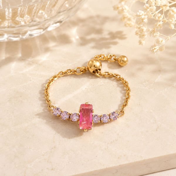 18K Gold Plated Adjustable Crystal Chain Ring, Ria — Inaya Accessories