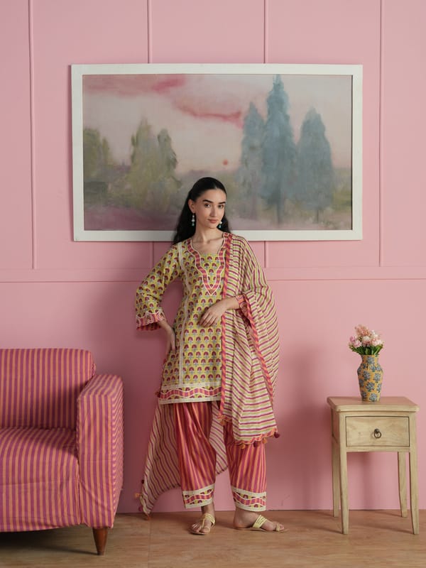 DAISY SHORT KURTA WITH STRIPED SALWAR & DUPATTA — TASHA INDIA