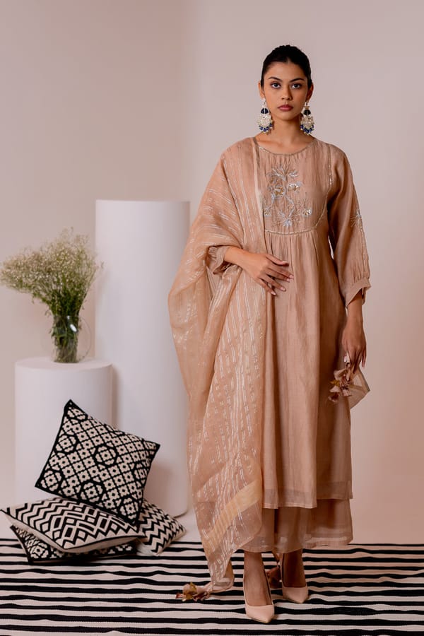 Beige Chanderi Embroidered Kurta Set with Organza Dupatta — Silai studio