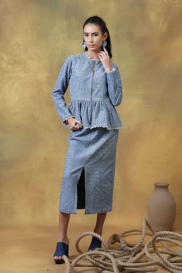 Blue Croc-Textured Denim High-Waist Pencil Maxi Skirt — Rhe-Ana