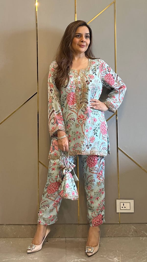 Powder Blue Paisley Phiran Coord with Pants and Matching Potli — Kylee Fashions