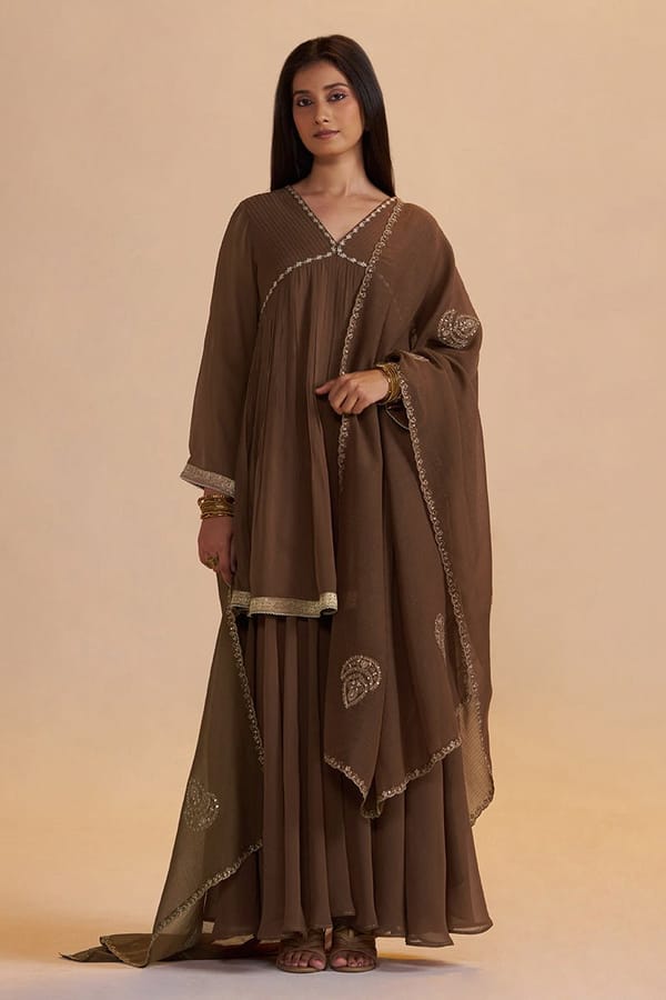 Husk Brown Georgette A-Line Sharara Kurta Set — Ganga Fashions Pvt Ltd