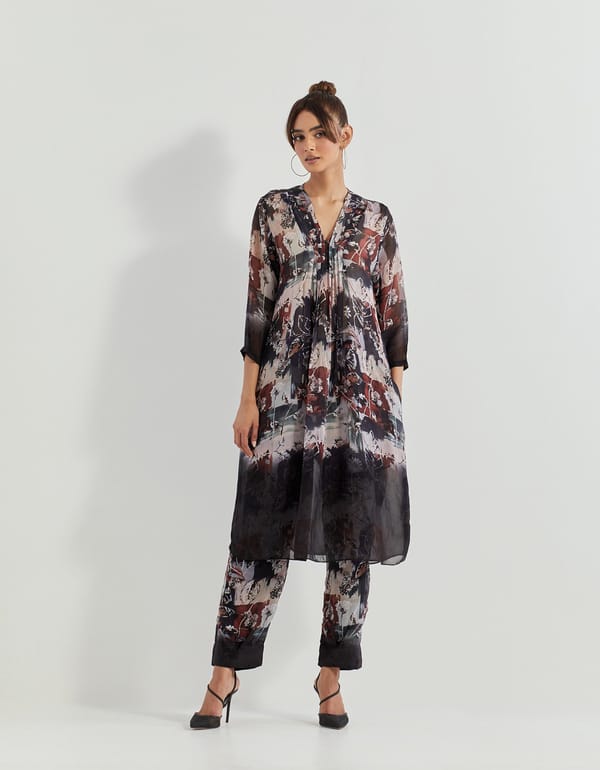 Black Abstract Print Georgette Kurta Set with Pants — Kavita Bhartia