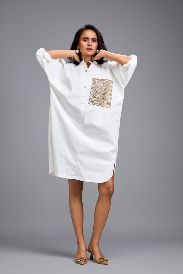 White Oversize Shirt Dress With Embellished Pocket — Deepika Arora