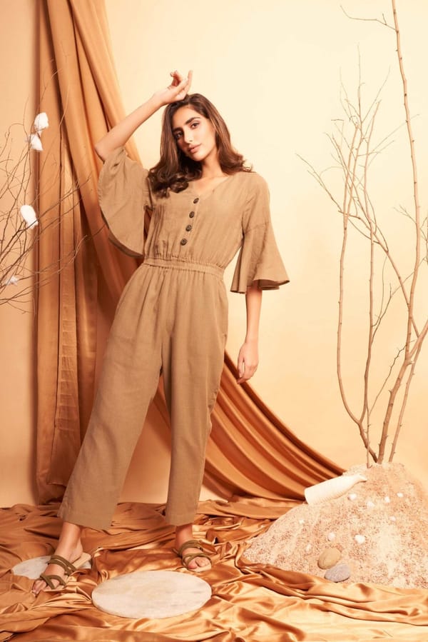 Mud Brown Flare Jumpsuit With Elasticated Waist — Western Era
