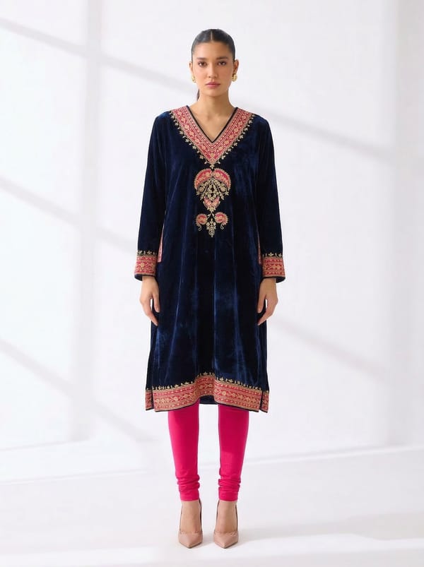 Navy Blue Velvet Embroidered V-Neck Kurta Set — Kylee Fashions