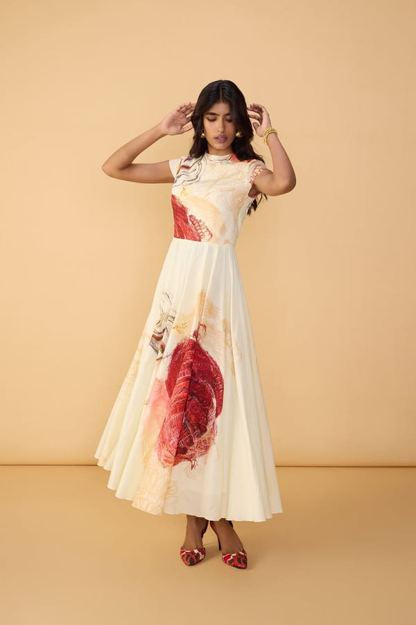 Abstract Print High-Neck Fit and Flare Maxi Dress — Saaksha and Kinni