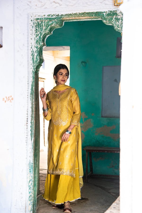 Golden Dream Gota Work Yellow Chanderi Suit Set — Kameez