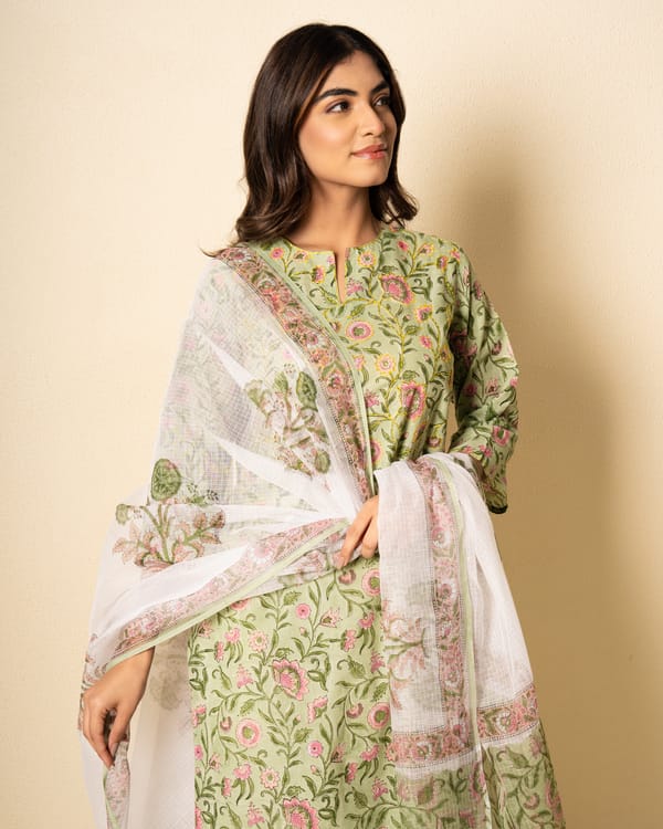 Garden Mint Cotton Floral Block Print Suit Set (Set of 3) — Kameez