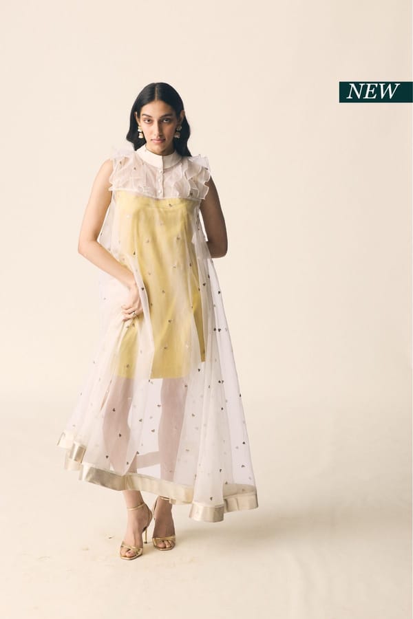 Kesar Yellow Layered Organza Maxi Dress with Satin Slip — Unrush