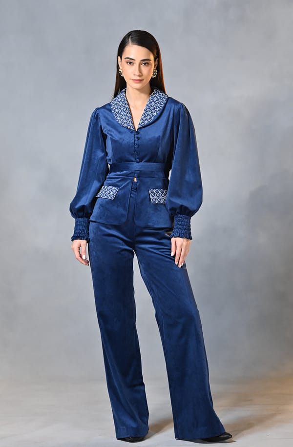 Sapphire Blue Velvet Embroidered Blazer Set — OMBRELLO