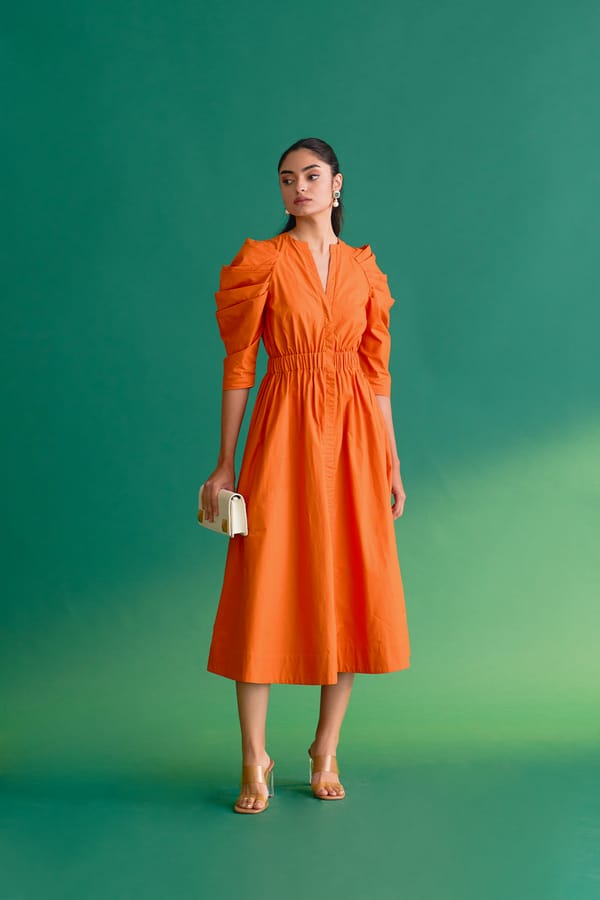 Carrot Orange Cotton Poplin Midi Shirt Dress — NOTEBOOK