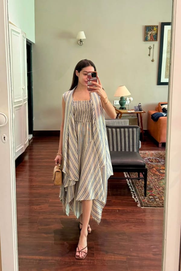 Beige Striped Smocked Midi Dress Set with Long Overlay — HOUSE OF FETT