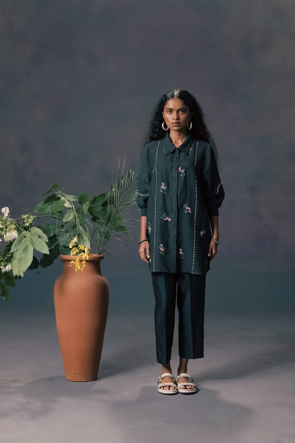 Indigo Rose Print Shirt & Pants In Silk Chanderi — Arcvsh Pallavi Singh