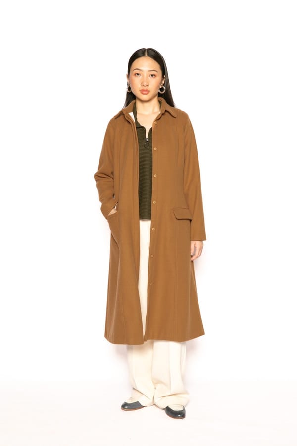 Brown Longline Trench-Style Overcoat with Concealed Buttons — Contemponari
