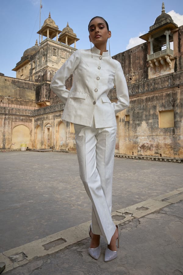 Ivory Jacquard Bandhgala Jacket with Glass Buttons — Dash and Dot